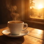 Um novo dia, uma nova chance recomeçada por Deus — amanhecer suave com café fumegante