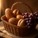 Cesta com pães e uvas em ambiente rústico sob luz dourada da tarde, simbolizando a provisão de Deus; rascunho automático.
