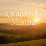 Capa com nascer do sol dourado, paisagem serena e texto branco central com a frase: bom dia oração sincera.
