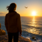 Capa com essência vida que caminhar: pessoa observa o oceano ao amanhecer, sob luz dourada