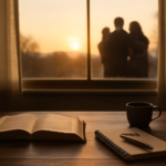 Começando a semana com o coração cheio de gratidão e proteção divina — amanhecer suave, mesa, Bíblia e família.