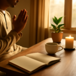 Interior sereno ao amanhecer com oração e luz suave; Este é o dia que o Senhor fez: Motivos para alegrar o coração hoje