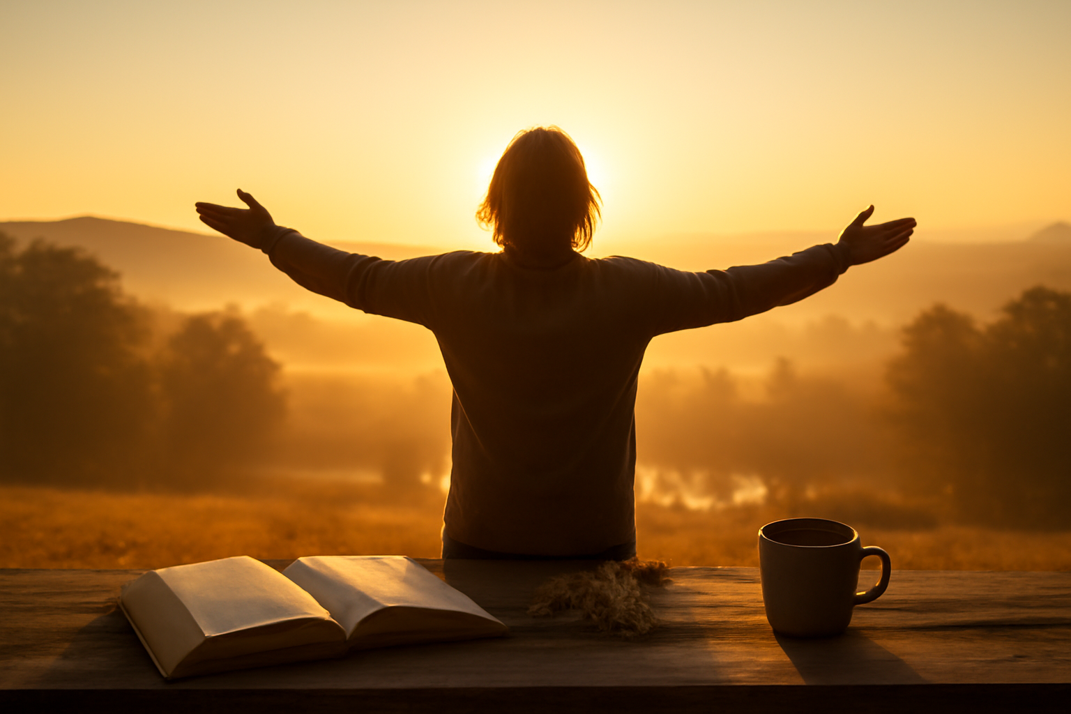 Capa: amanhecer, pessoa de costas com Bíblia; Este é o dia que o Senhor fez: Motivos para alegrar o coração hoje