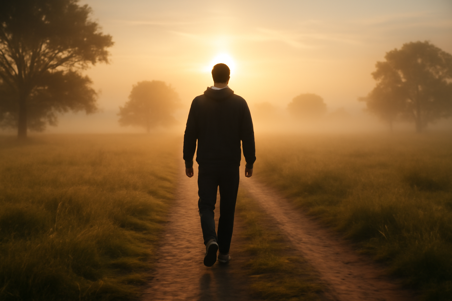 Pessoa caminhando ao amanhecer com luz suave envolvendo, transmitindo Deus é o meu provedor: A segurança de caminhar com quem nunca falha.