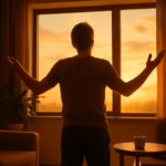 Render 3D realista de pessoa em interior com janela ao amanhecer, mãos para o céu e luz dourada; isso agrada Deus?