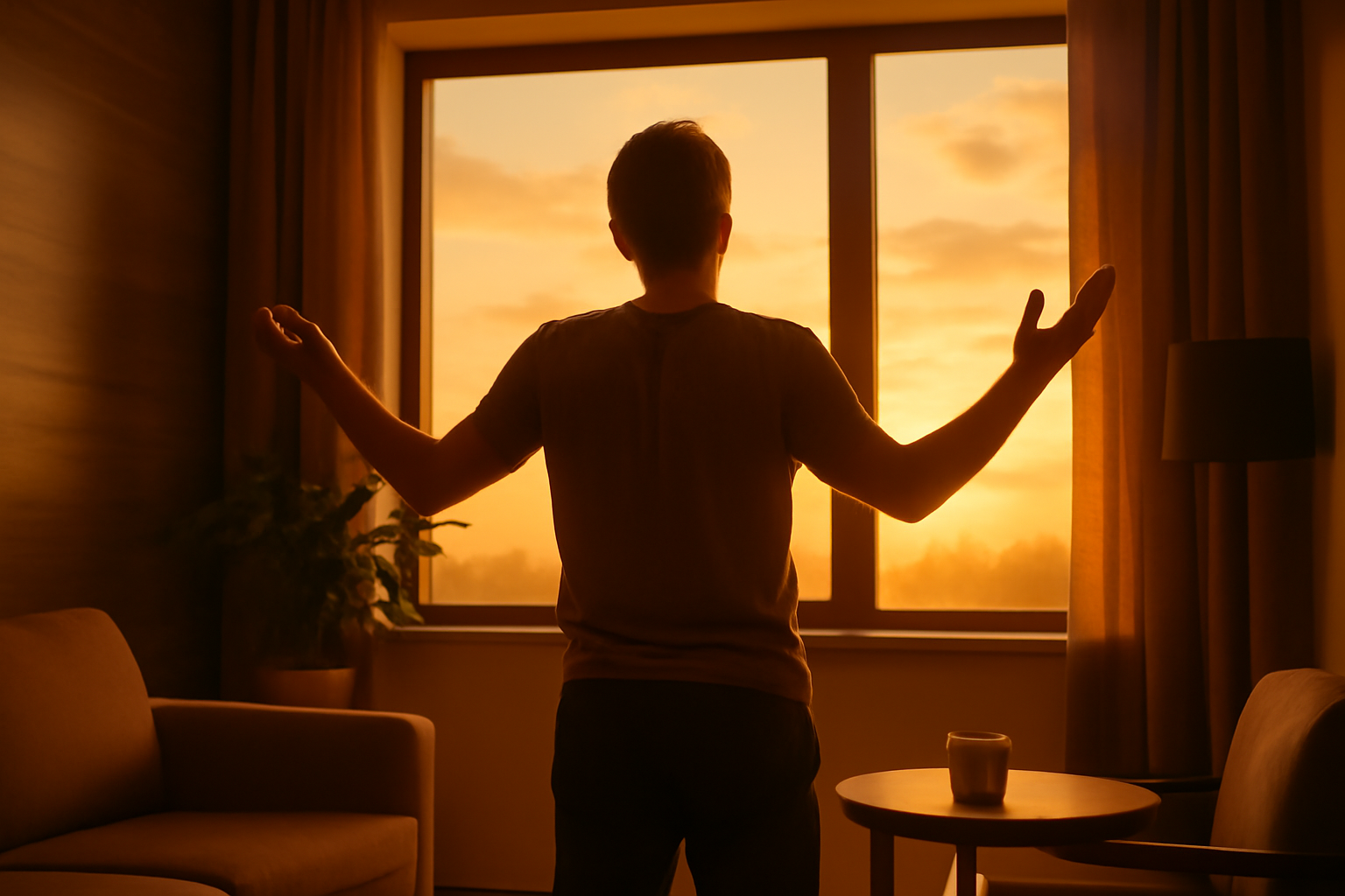 Render 3D realista de pessoa em interior com janela ao amanhecer, mãos para o céu e luz dourada; isso agrada Deus?