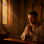 Capela ao entardecer em renderização 3D realista, fiel de frente ao altar com mãos juntas — Boa tarde com Salmos 26