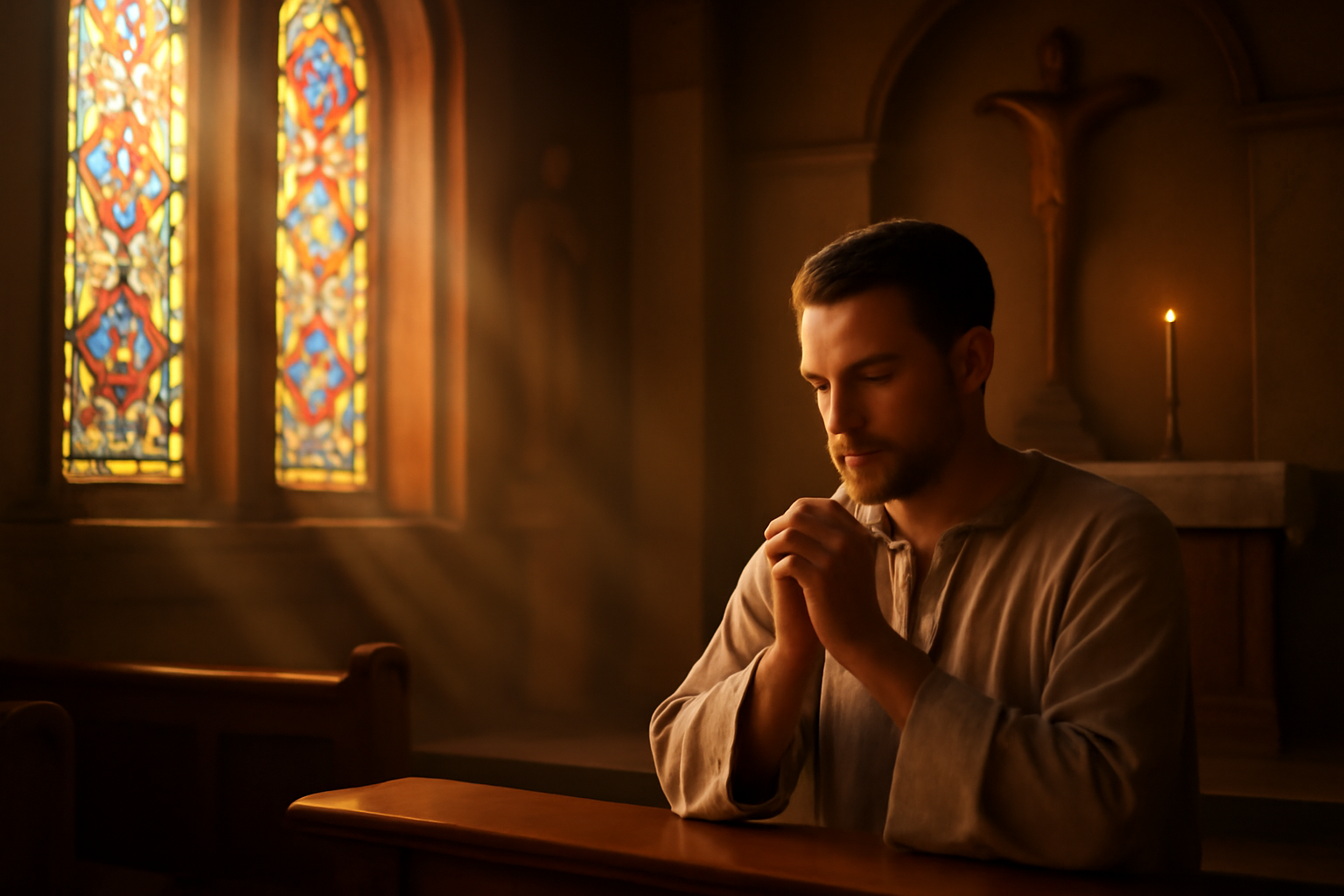 Capela ao entardecer em renderização 3D realista, fiel de frente ao altar com mãos juntas — Boa tarde com Salmos 26